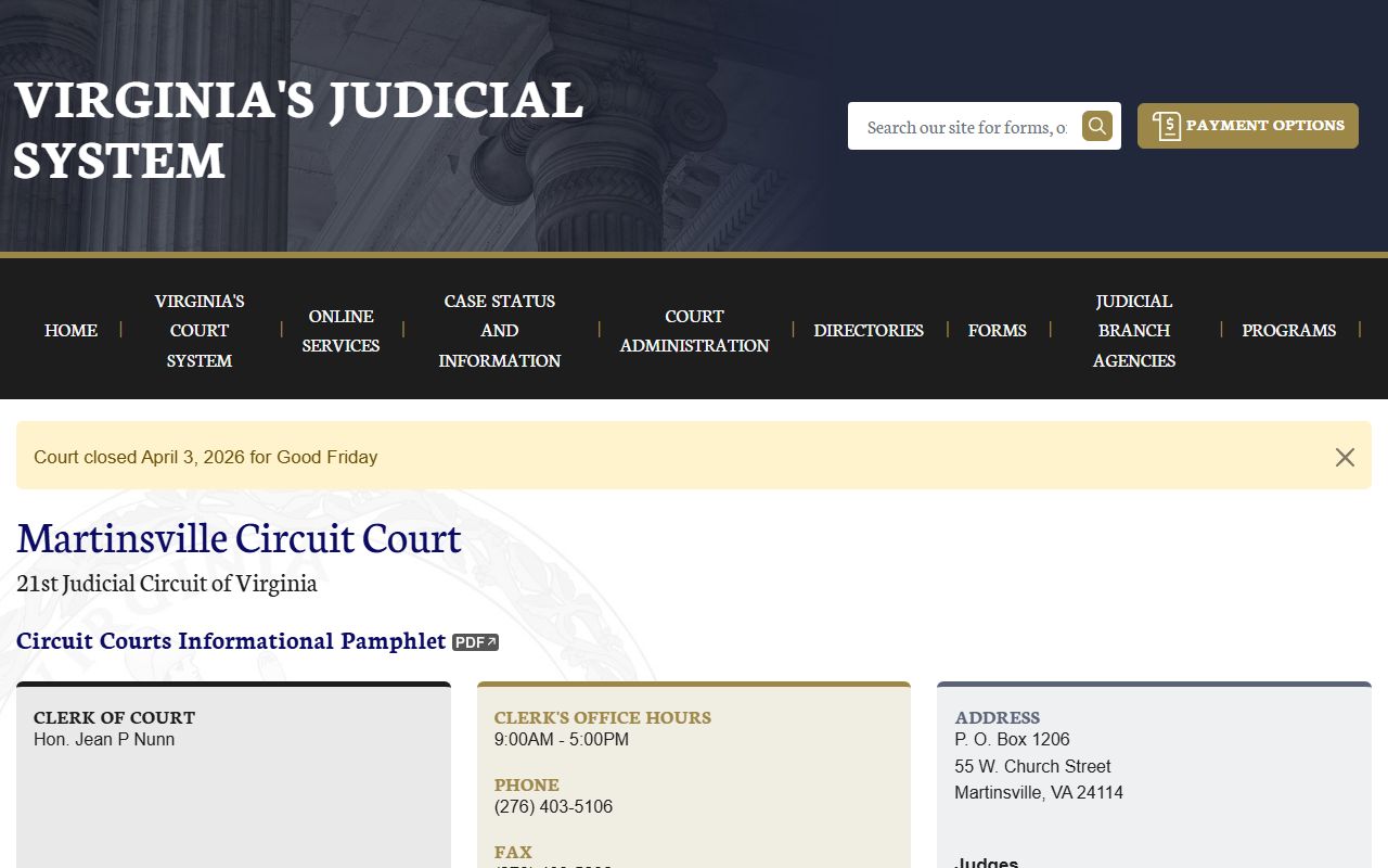 Martinsville Circuit Court page showing docket records on the Virginia Judicial System website