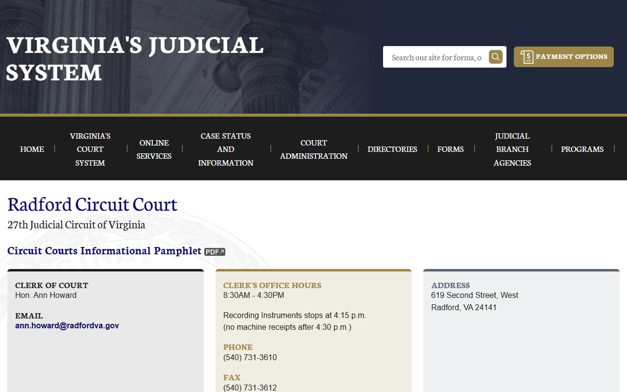 Radford Circuit Court docket records page on the Virginia Judicial System website
