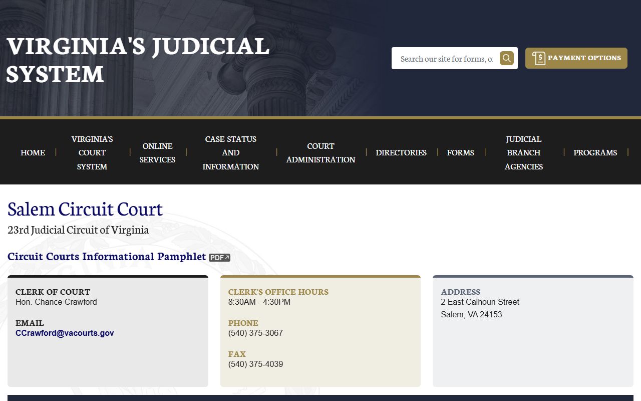 Salem Circuit Court docket records page on Virginia Judicial System
