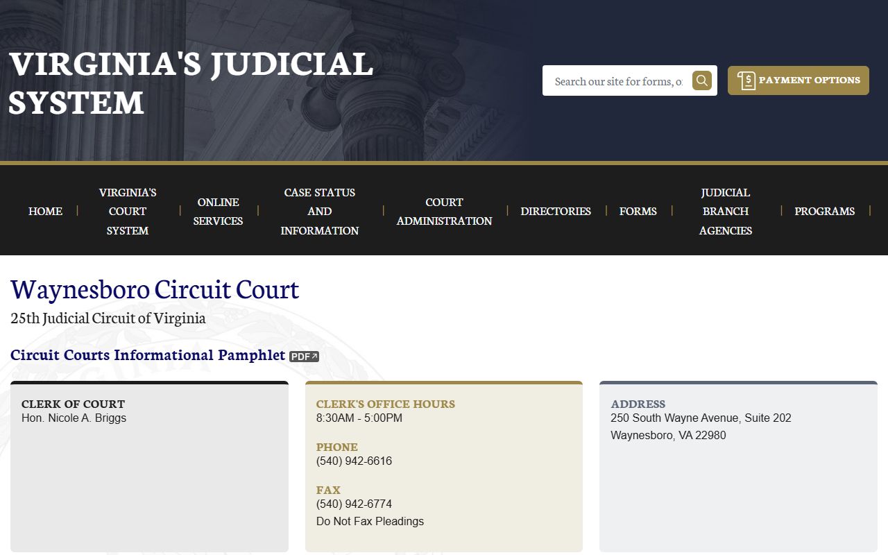 Waynesboro Circuit Court docket records page on Virginia Judicial System