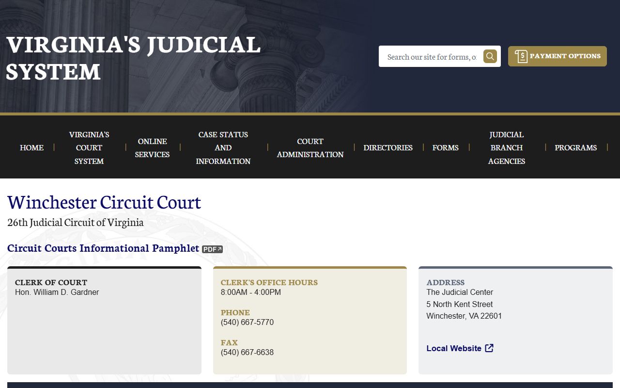 Winchester Circuit Court docket records portal on the Virginia Judicial System website