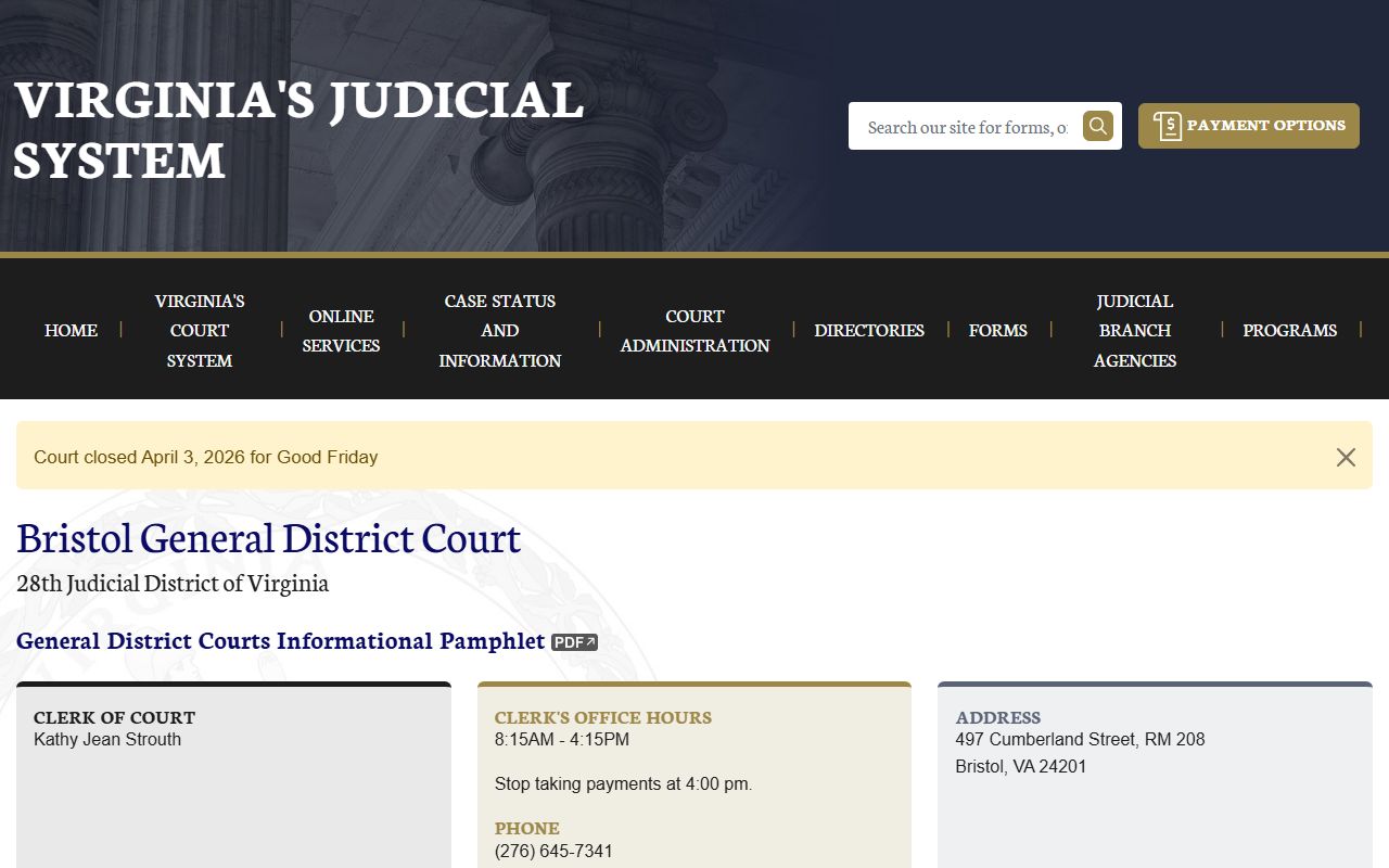 Bristol General District Court docket records on vacourts.gov