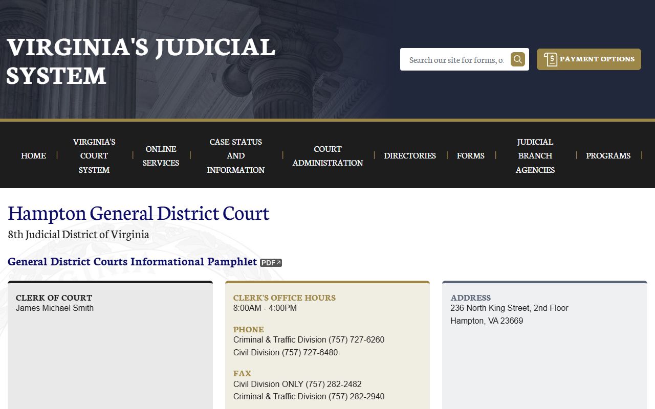 Hampton General District Court docket records page on vacourts.gov