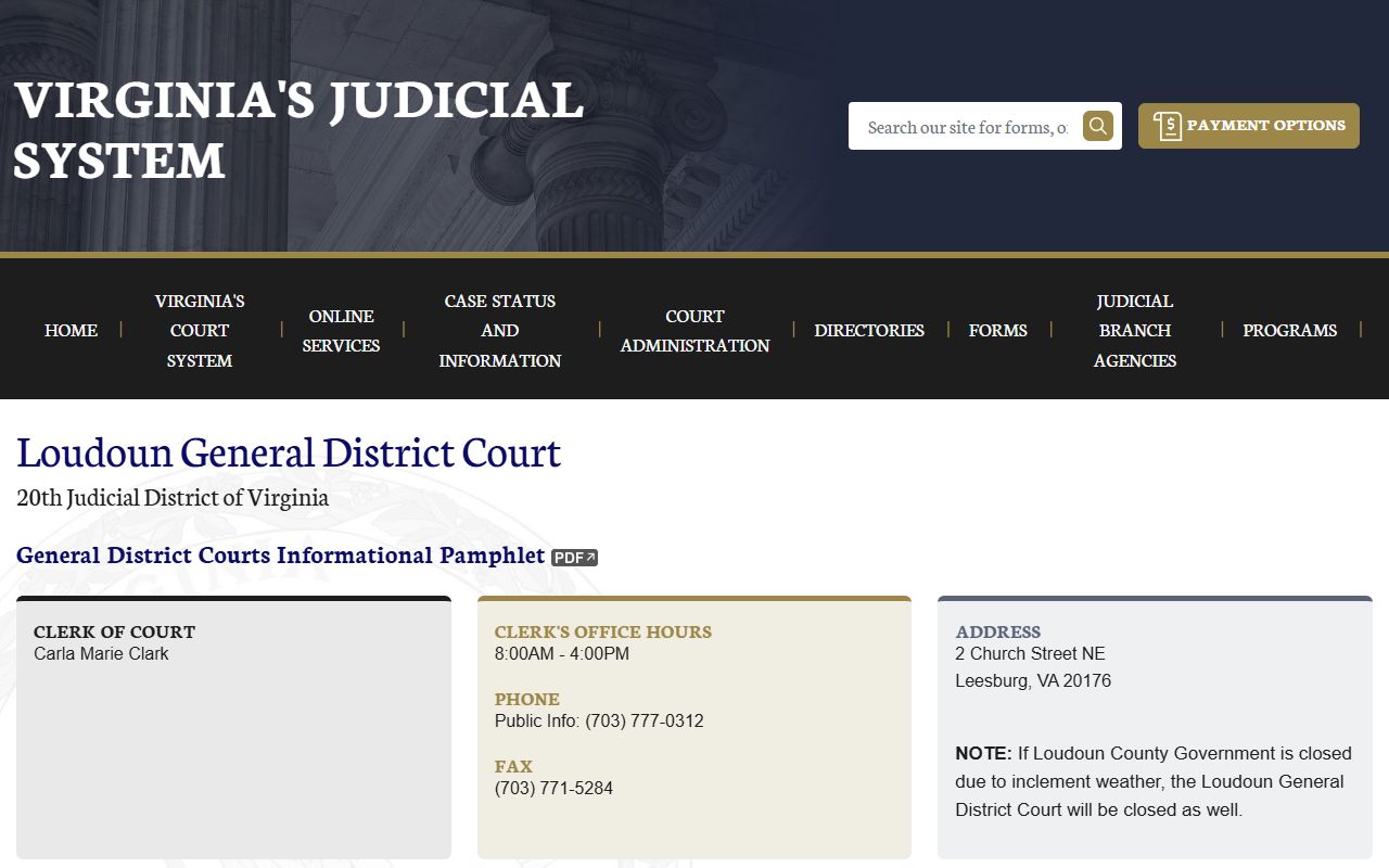 Loudoun County General District Court docket records portal serving Leesburg
