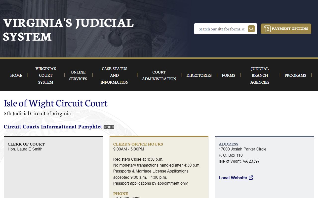 Isle of Wight County Circuit Court clerk page for court docket records