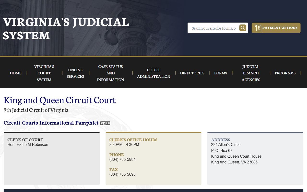 King and Queen County Circuit Court clerk page showing court docket records access