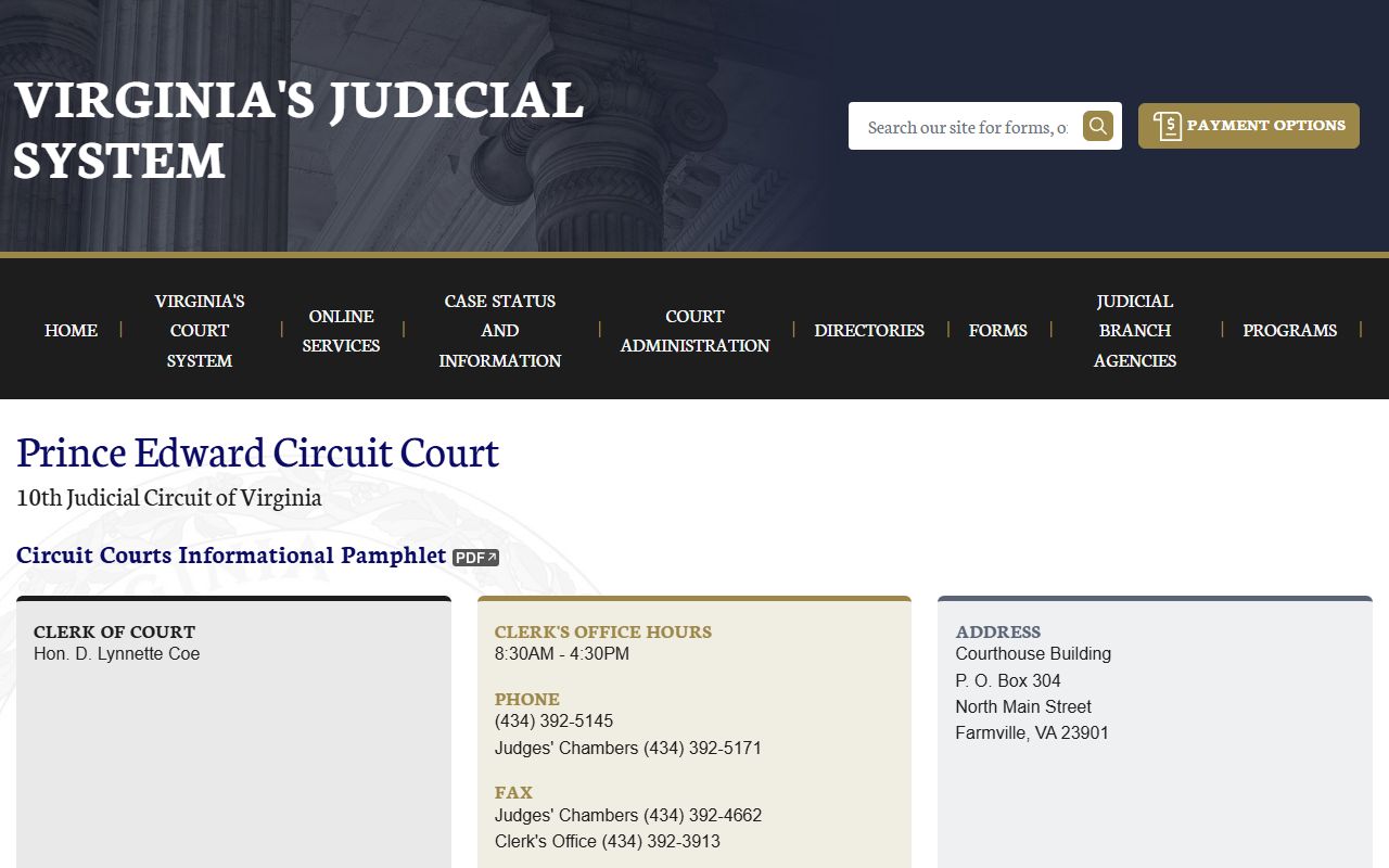 Prince Edward County circuit court docket records page on vacourts.gov