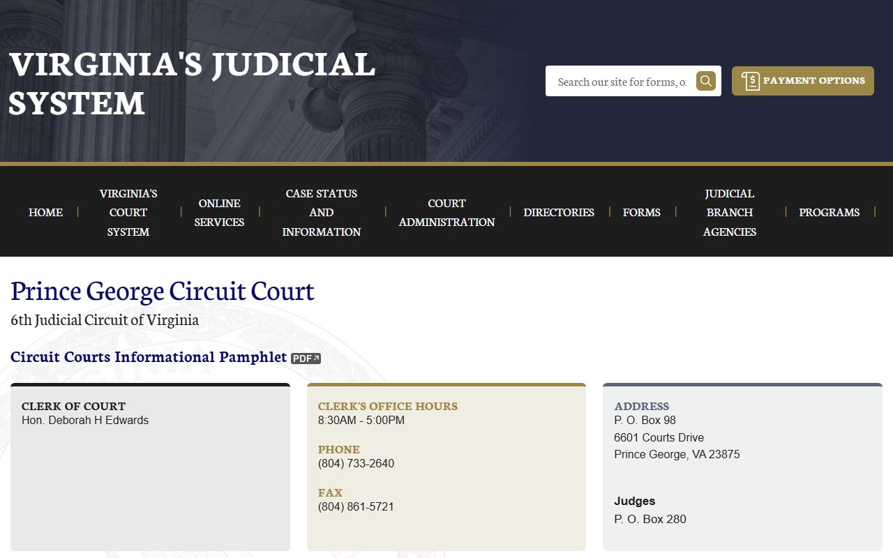 Prince George County circuit court docket records page on vacourts.gov