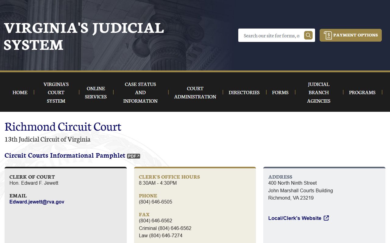 Richmond County Circuit Court page on vacourts.gov showing docket search information