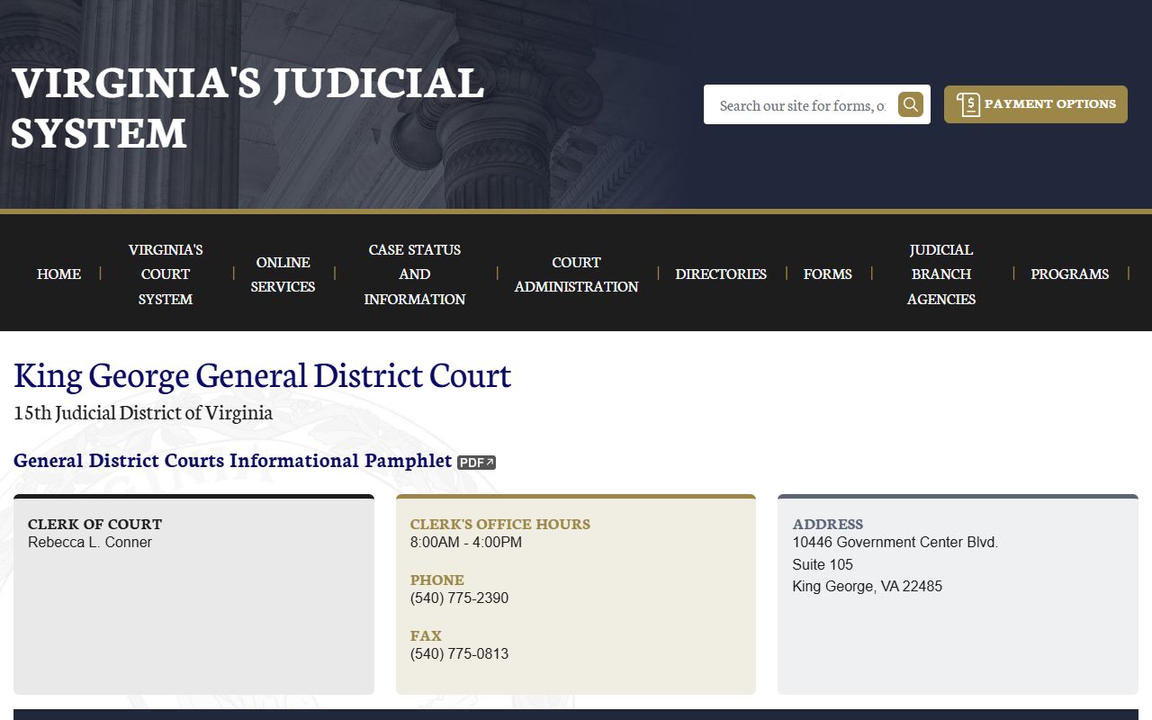 King George County General District Court clerk page for court docket records search