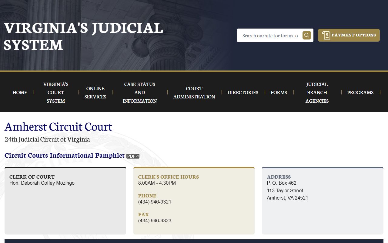 Amherst County court docket records page on vacourts.gov