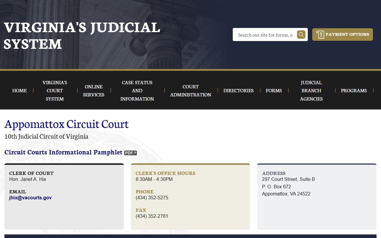 Appomattox County court docket records page on vacourts.gov