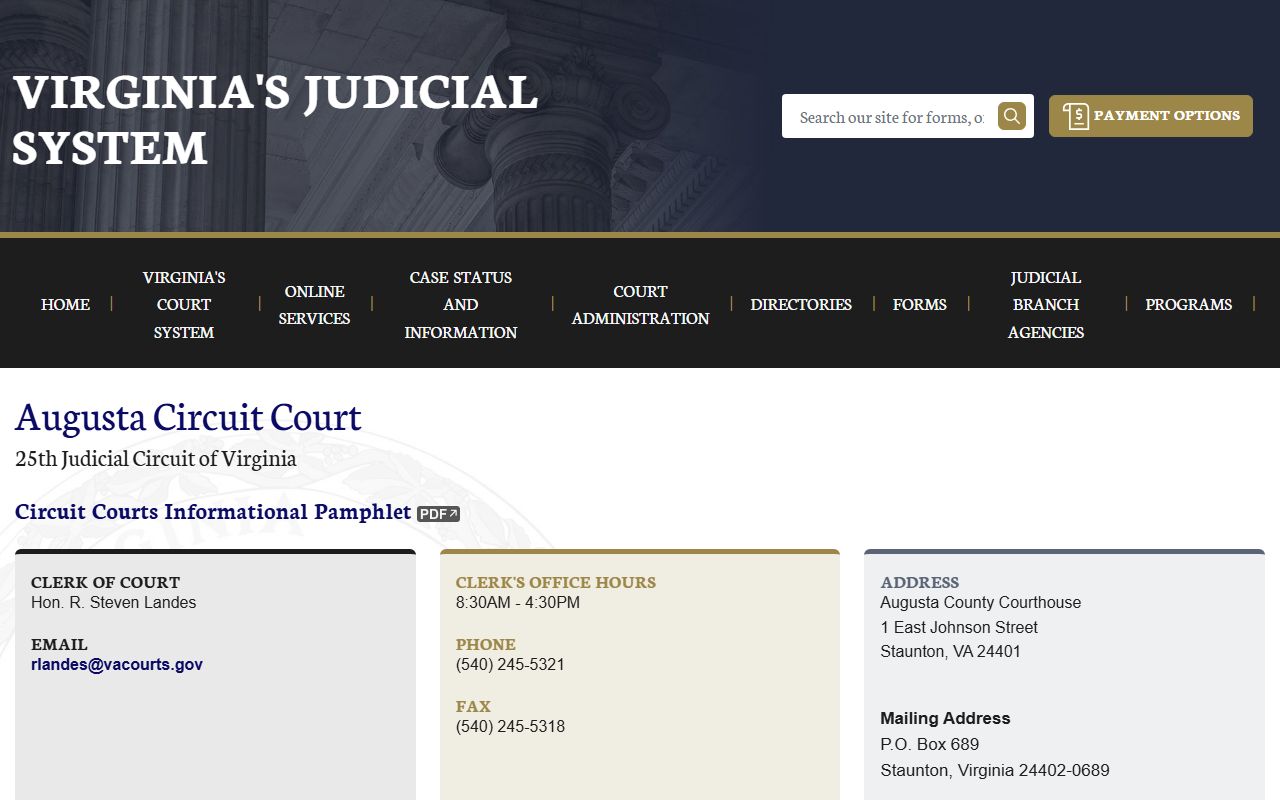 Augusta County circuit court docket records page on vacourts.gov