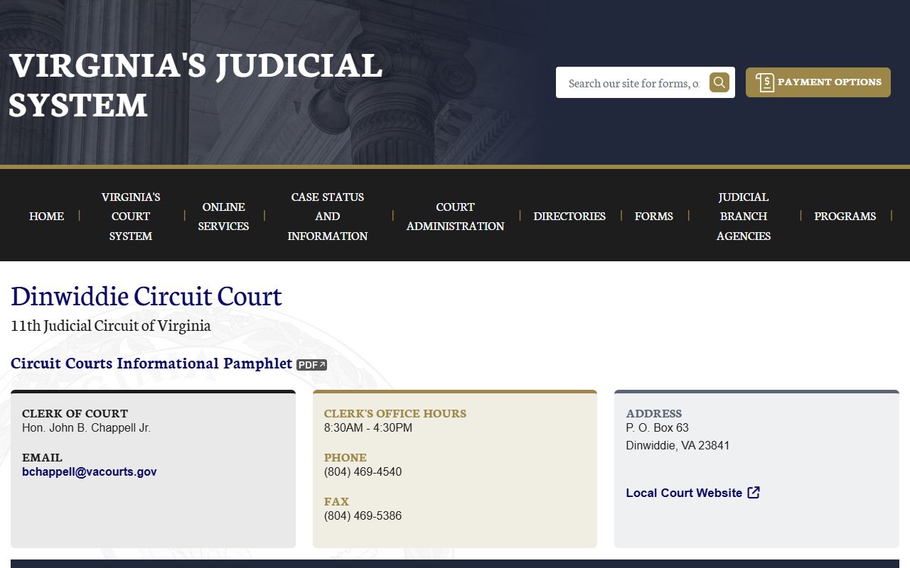 Dinwiddie County circuit court docket records listing on vacourts.gov