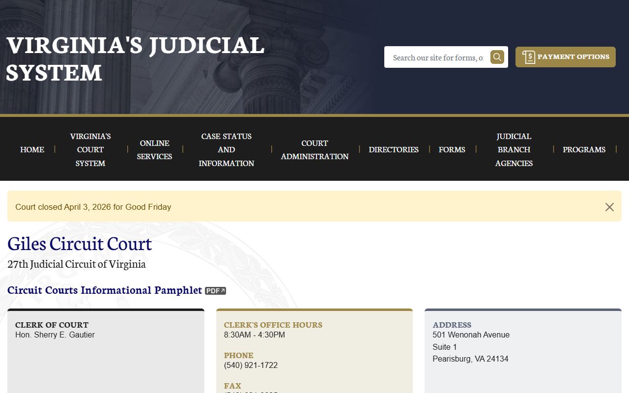 Giles County circuit court docket records page on vacourts.gov
