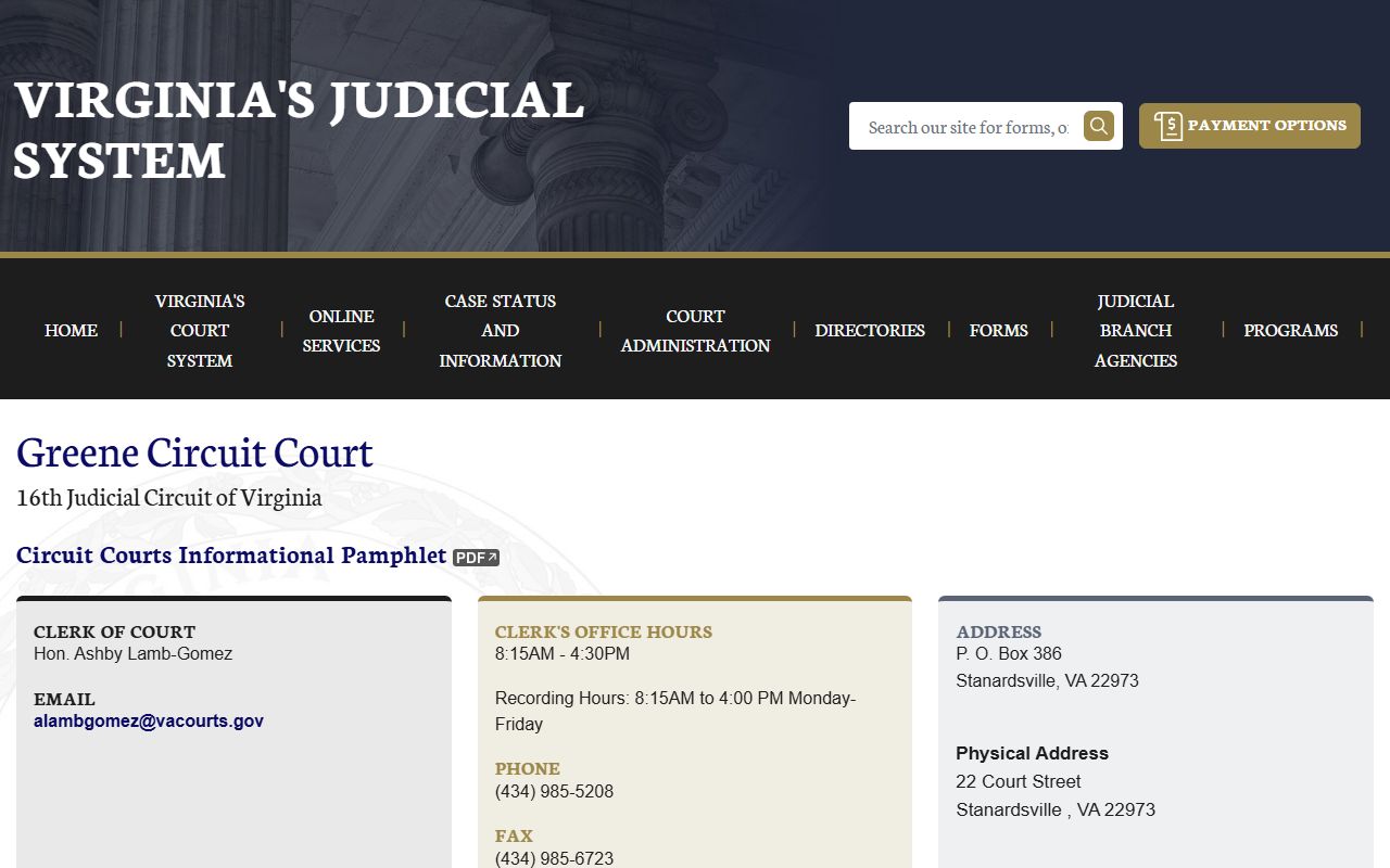 Greene County court docket records page on vacourts.gov