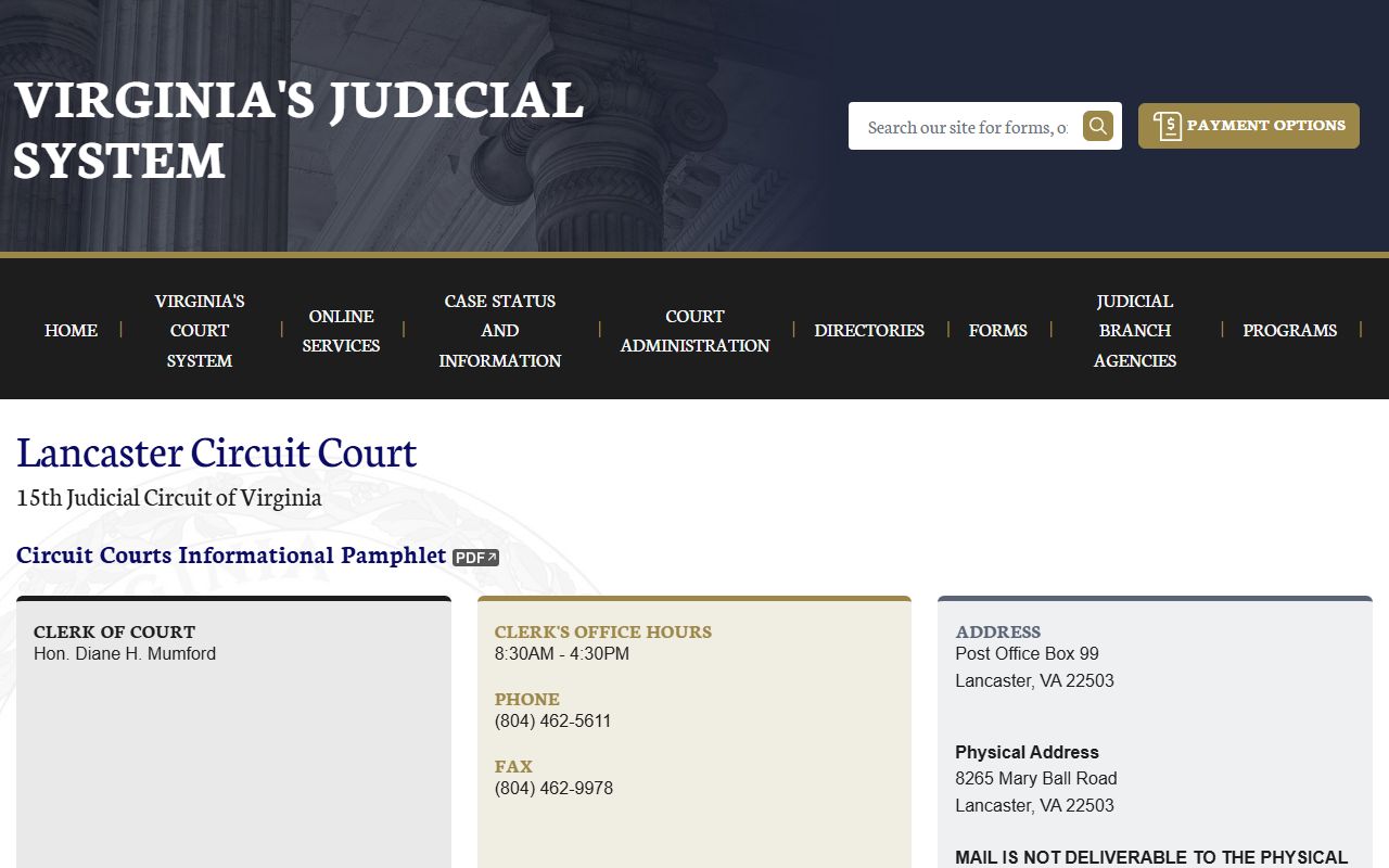 Lancaster County Circuit Court clerk page showing court docket records access information