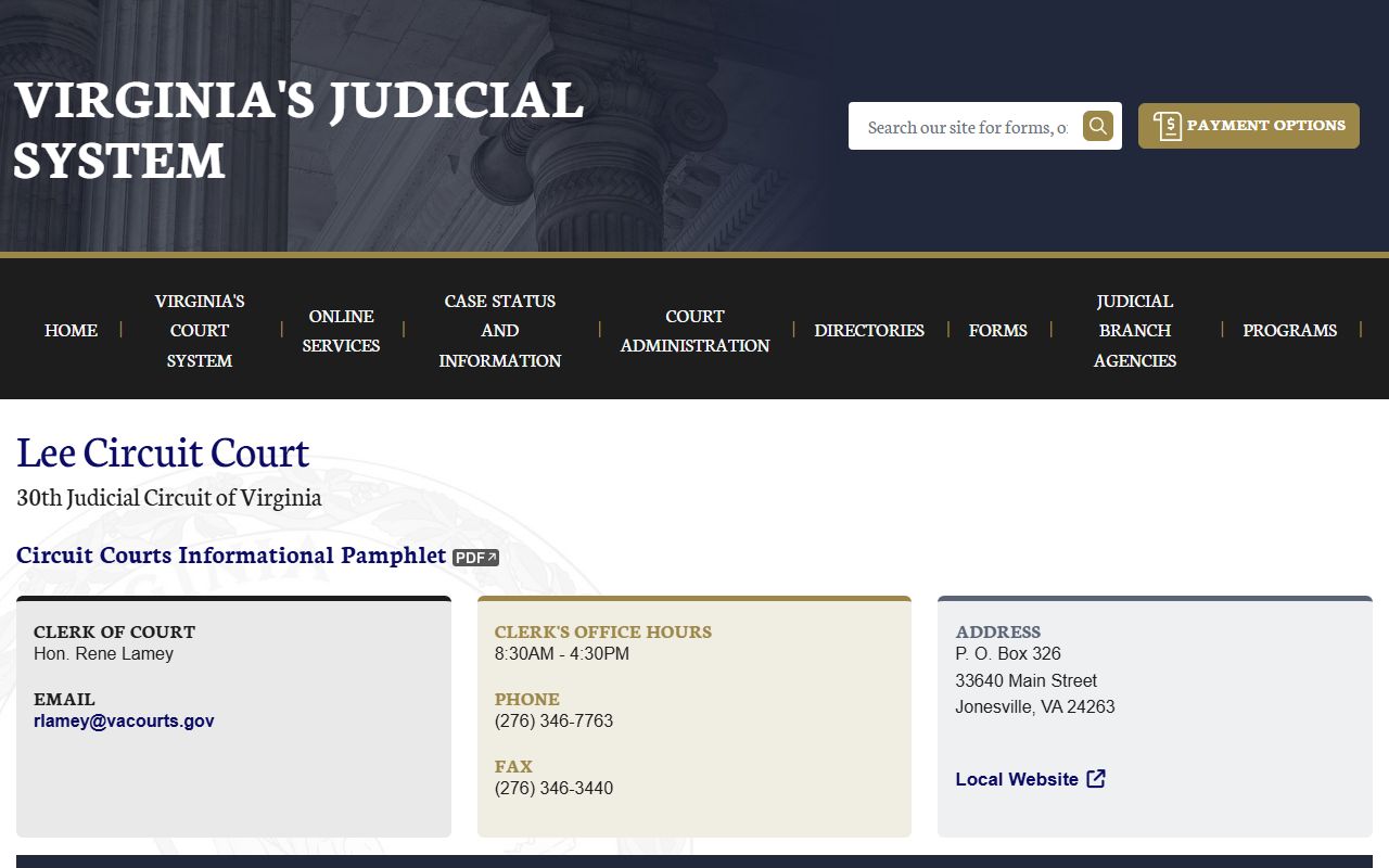 Lee County Circuit Court clerk page showing court docket records access information