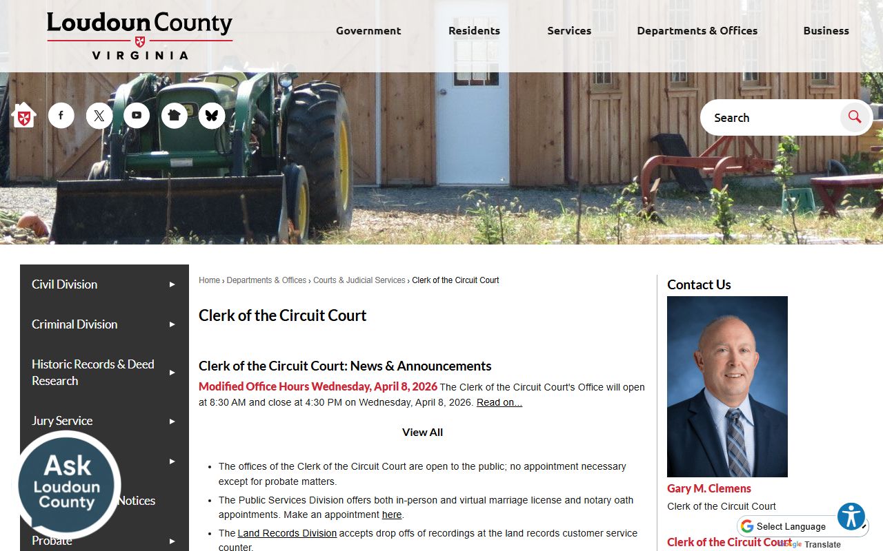 Loudoun County Clerk of Circuit Court page showing court docket services