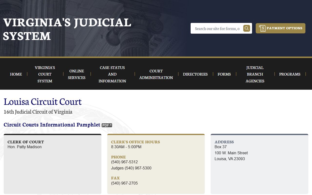 Louisa County Circuit Court page on vacourts.gov with court docket information