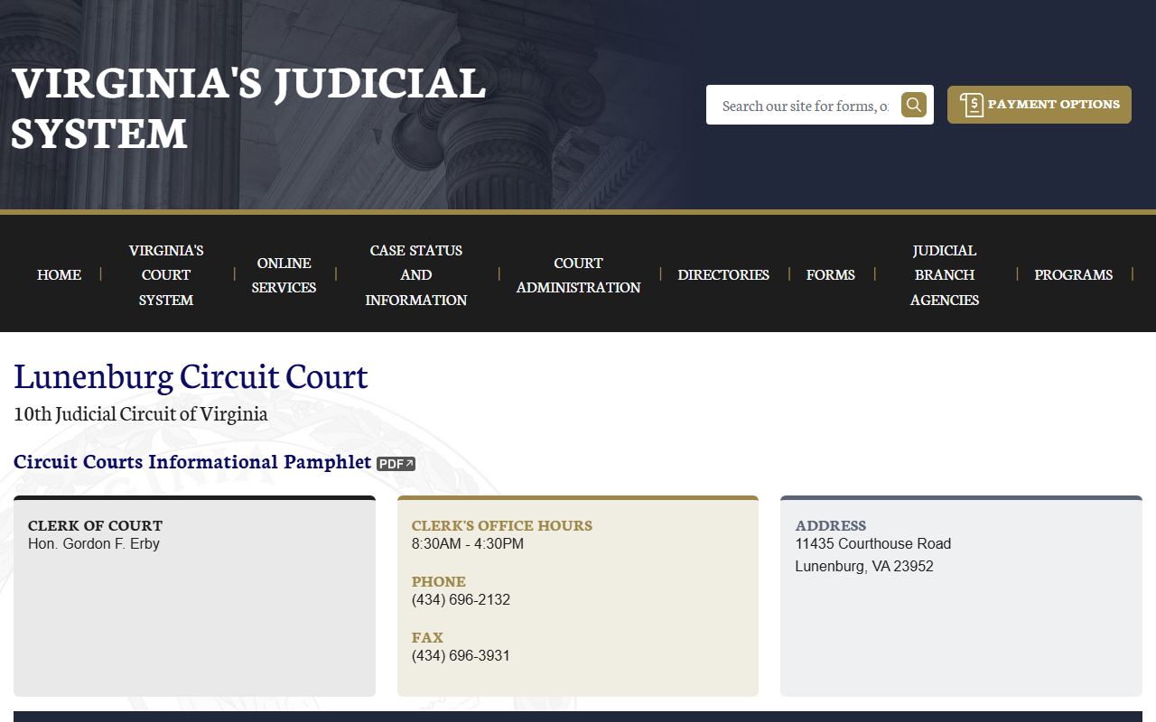 Lunenburg County Circuit Court page on vacourts.gov showing docket and clerk information