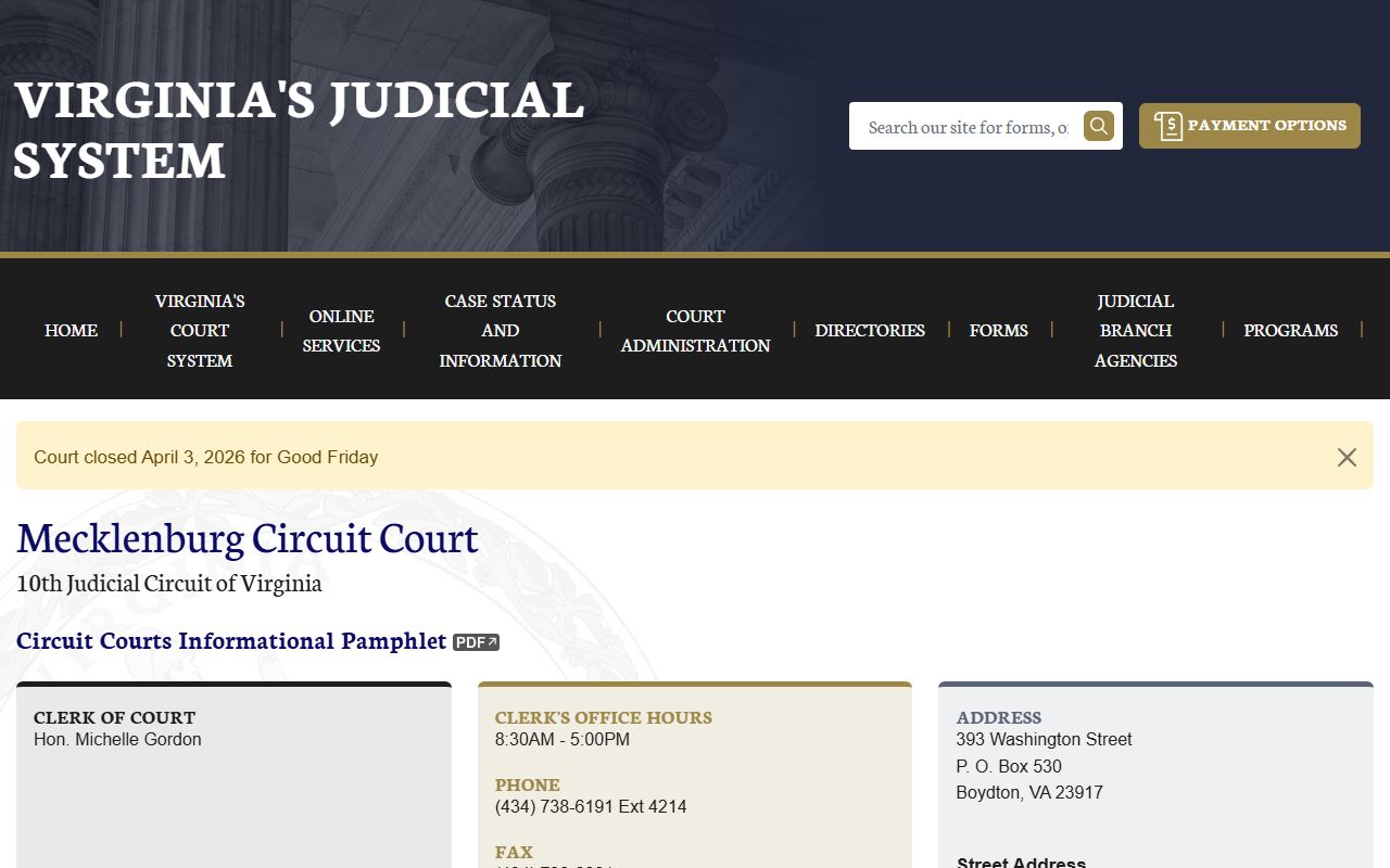 Mecklenburg County Circuit Court page on vacourts.gov with docket records information
