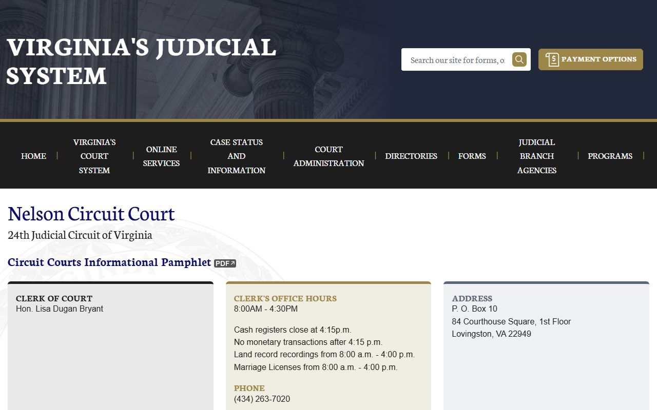 Nelson County Circuit Court page on vacourts.gov showing court docket and clerk contact details