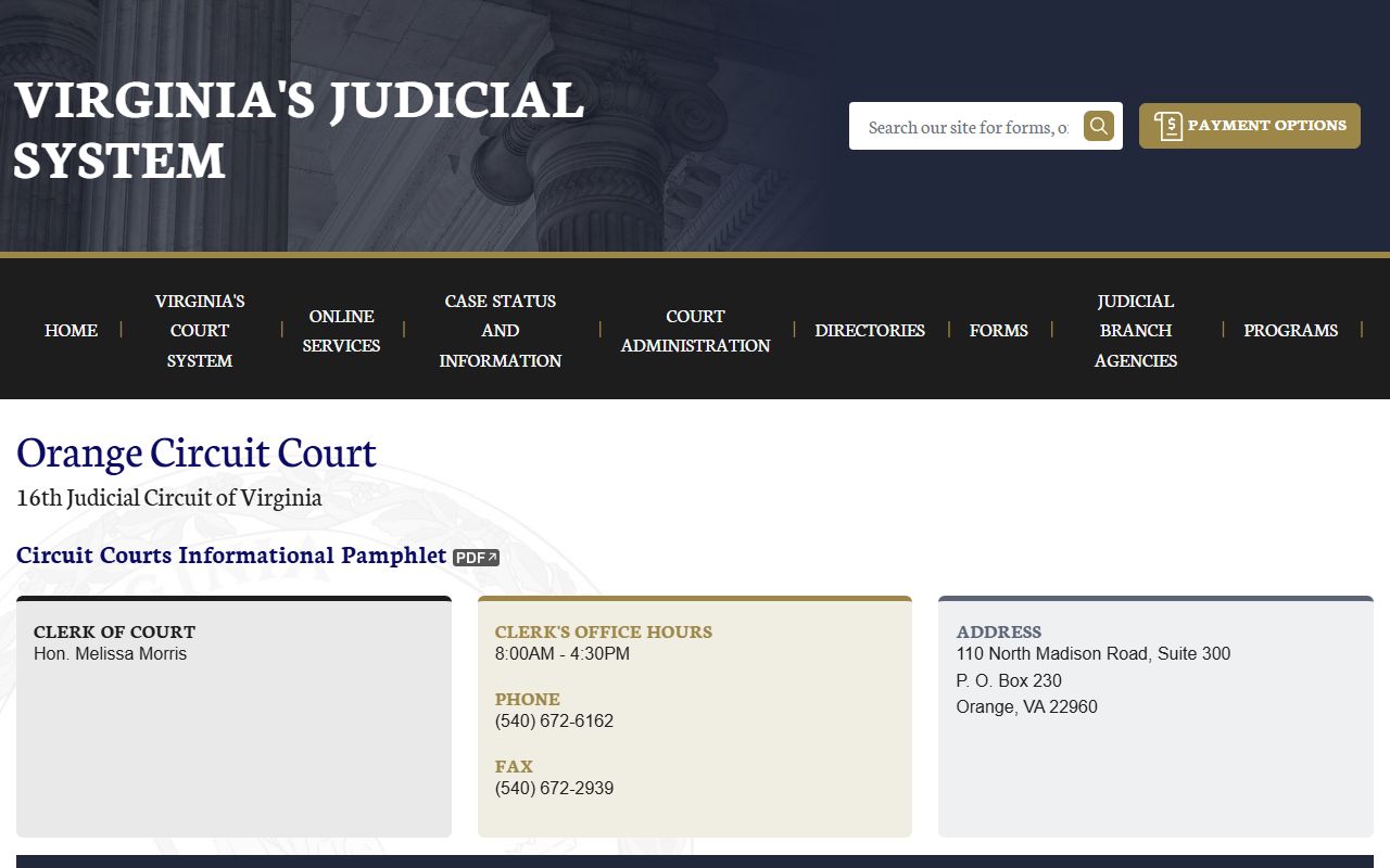 Orange County circuit court docket records page on vacourts.gov