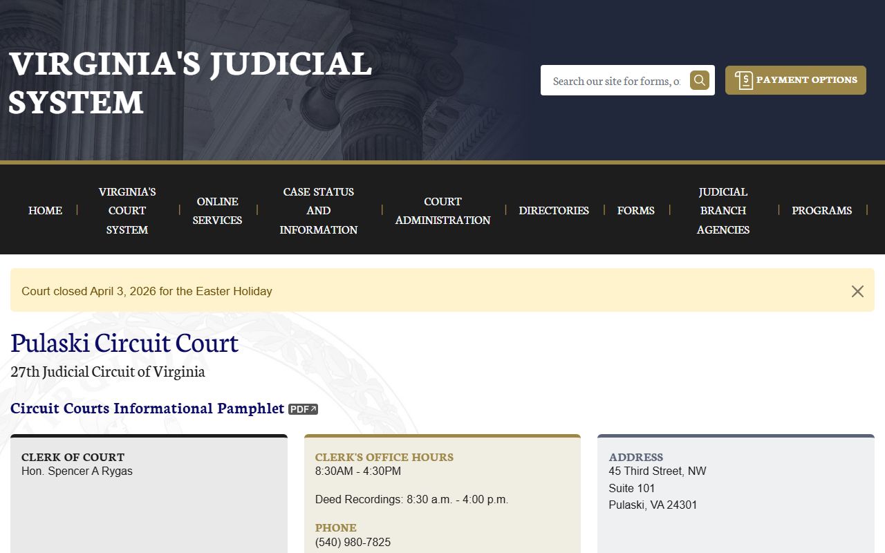 Pulaski County Circuit Court page on vacourts.gov showing docket search information
