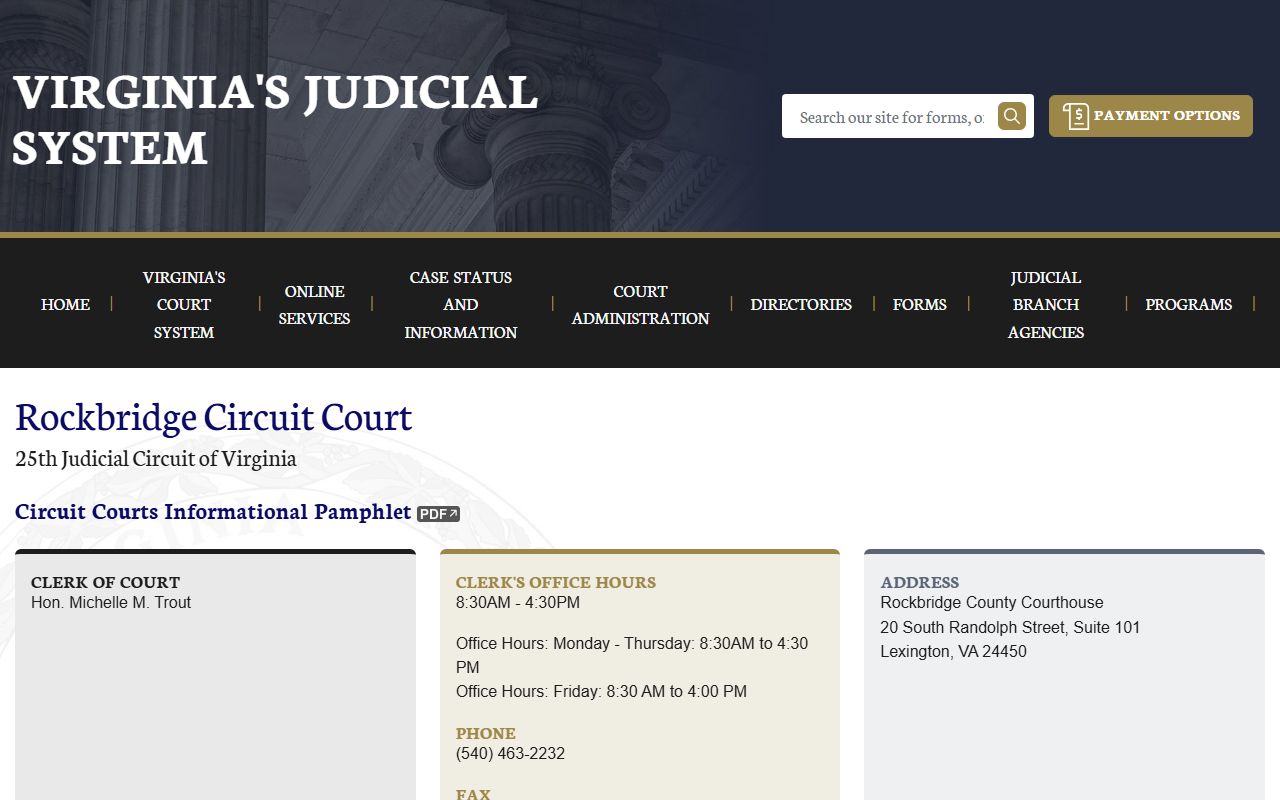 Rockbridge County Circuit Court page on vacourts.gov with docket search information