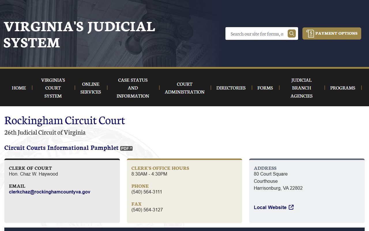 Rockingham County Circuit Court page on vacourts.gov showing docket information