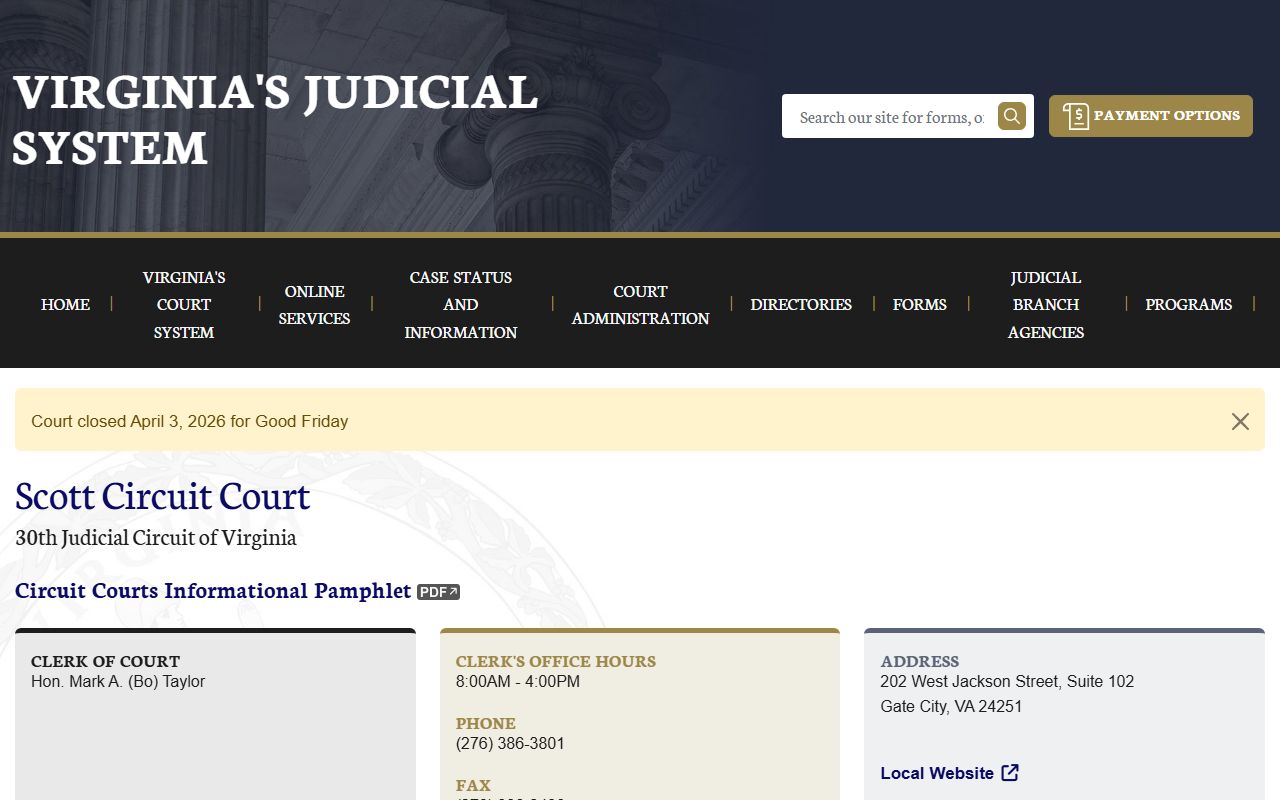 Scott County Circuit Court page on vacourts.gov showing docket search information