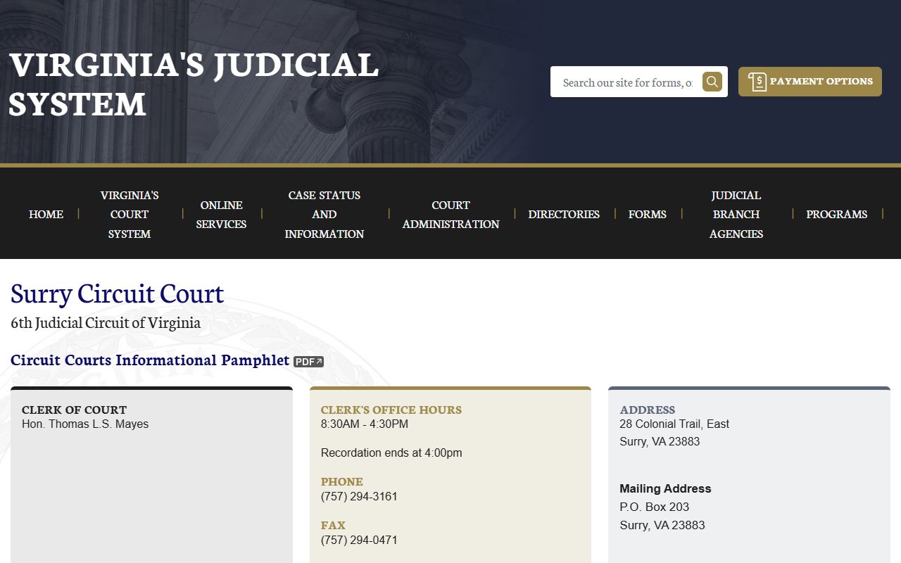 Surry County circuit court docket records page on vacourts.gov
