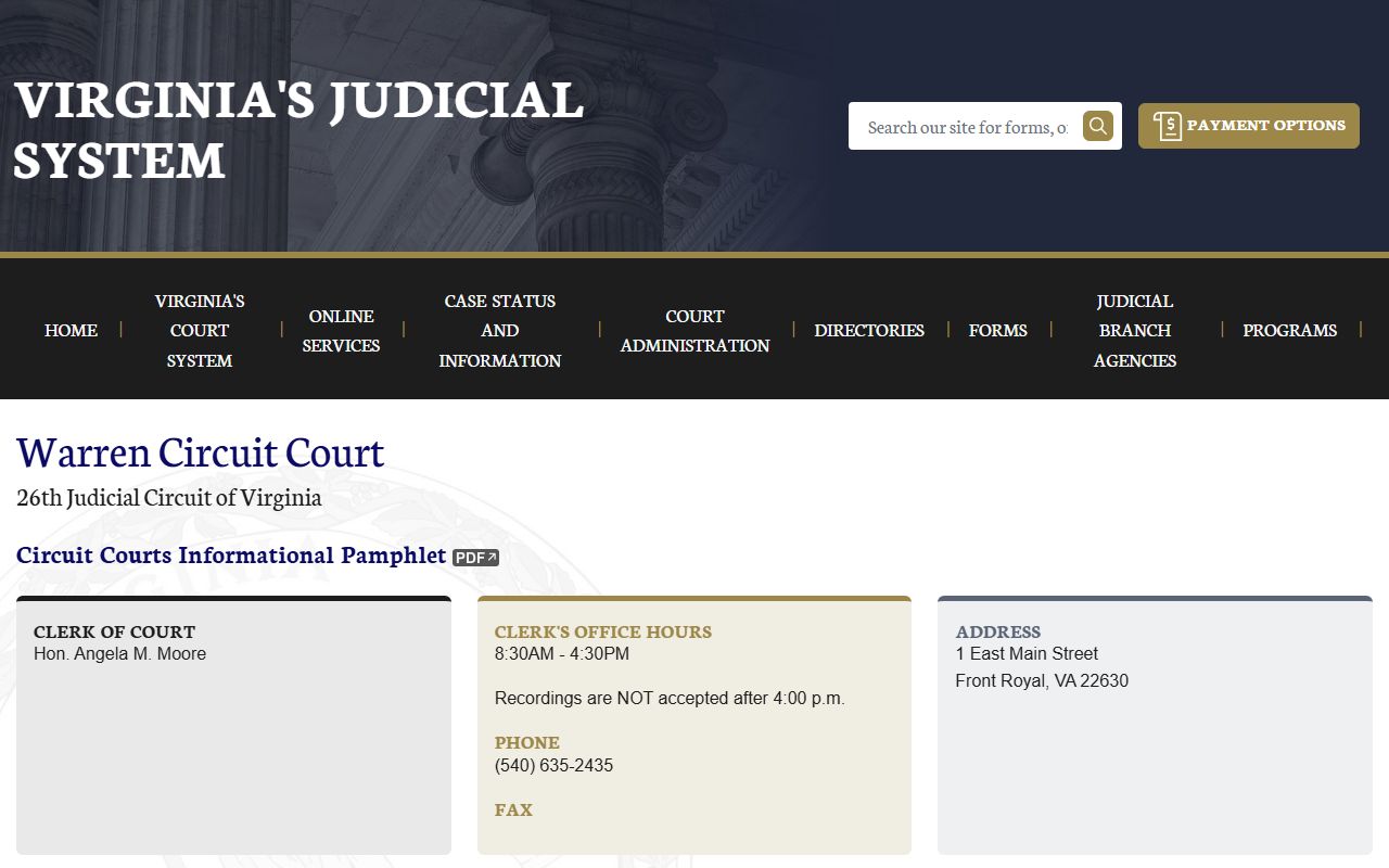 Warren County circuit court docket records page on vacourts.gov