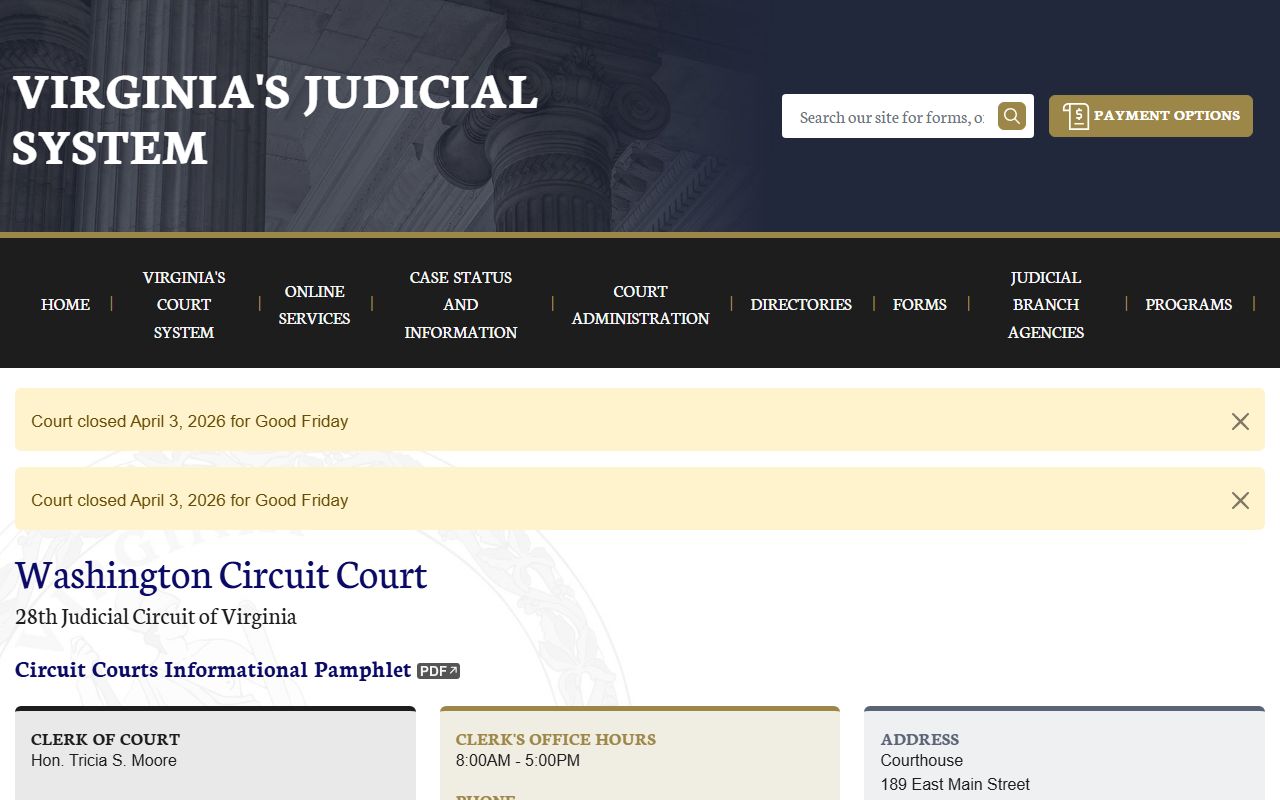 Washington County circuit court docket records page on vacourts.gov