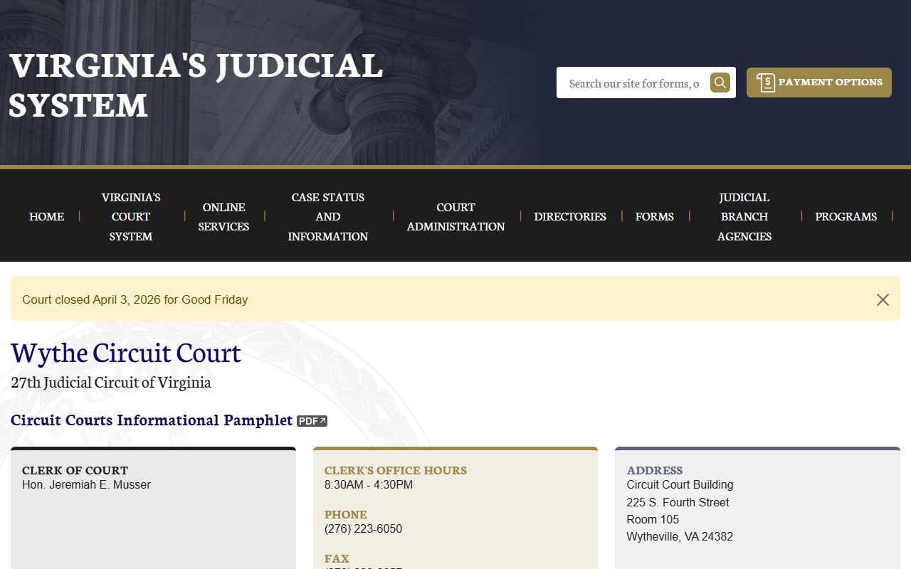 Wythe County circuit court docket records page on vacourts.gov