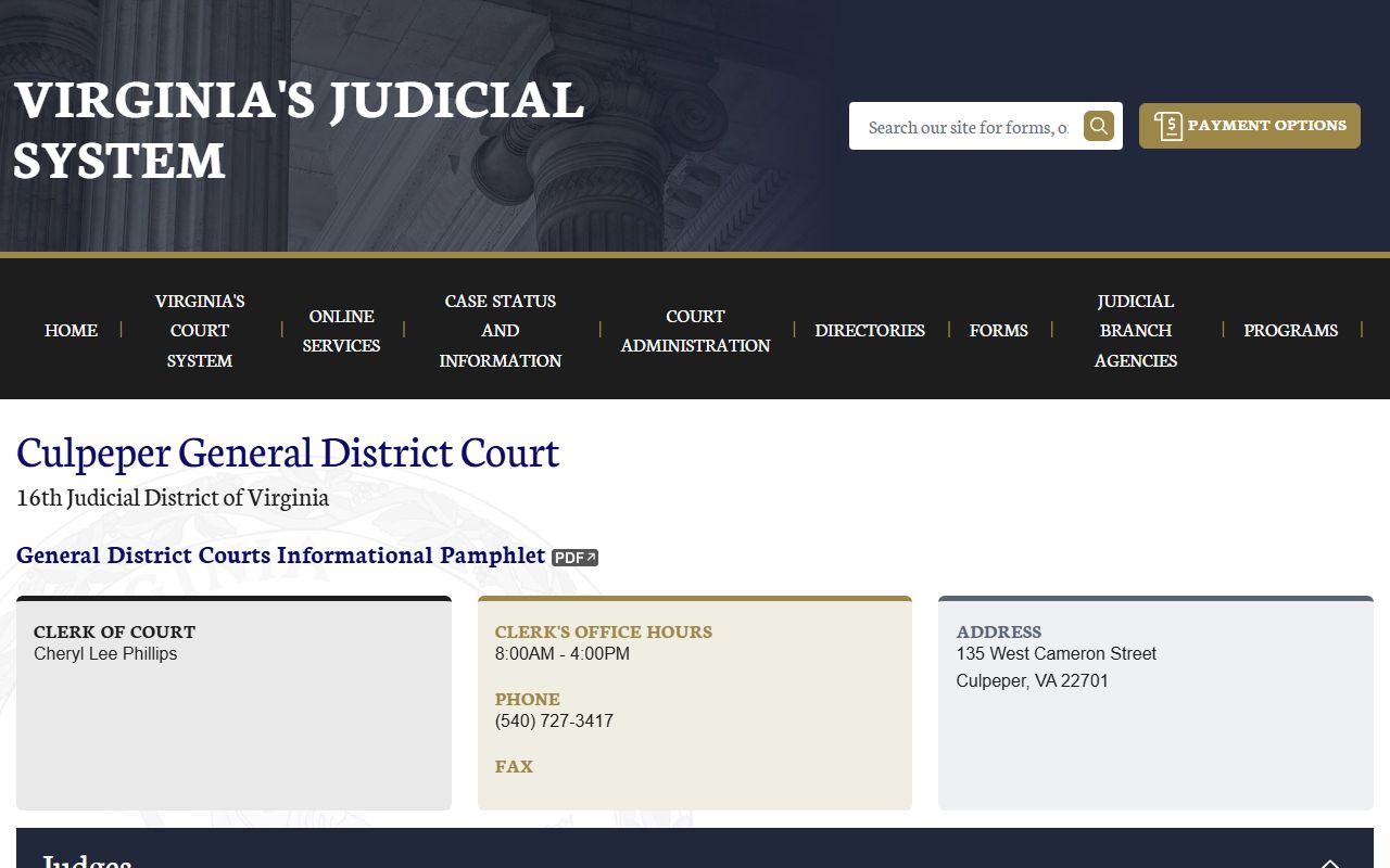 Culpeper County general district court docket records page on vacourts.gov