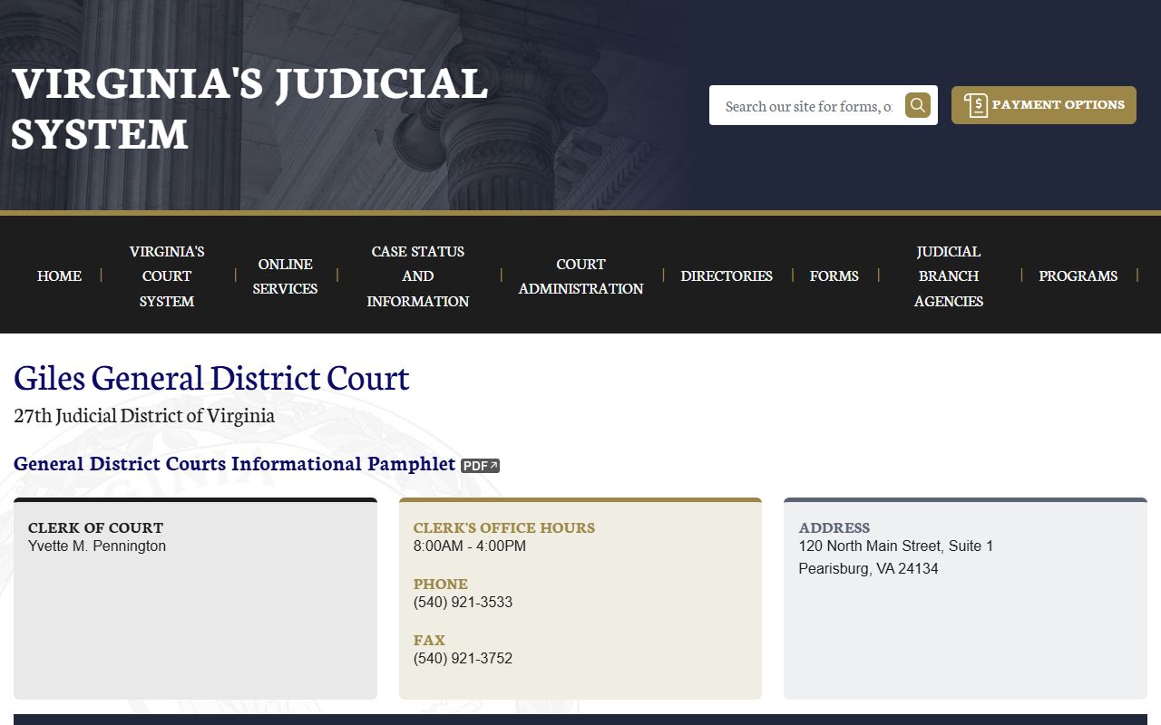 Giles County general district court docket records page on vacourts.gov