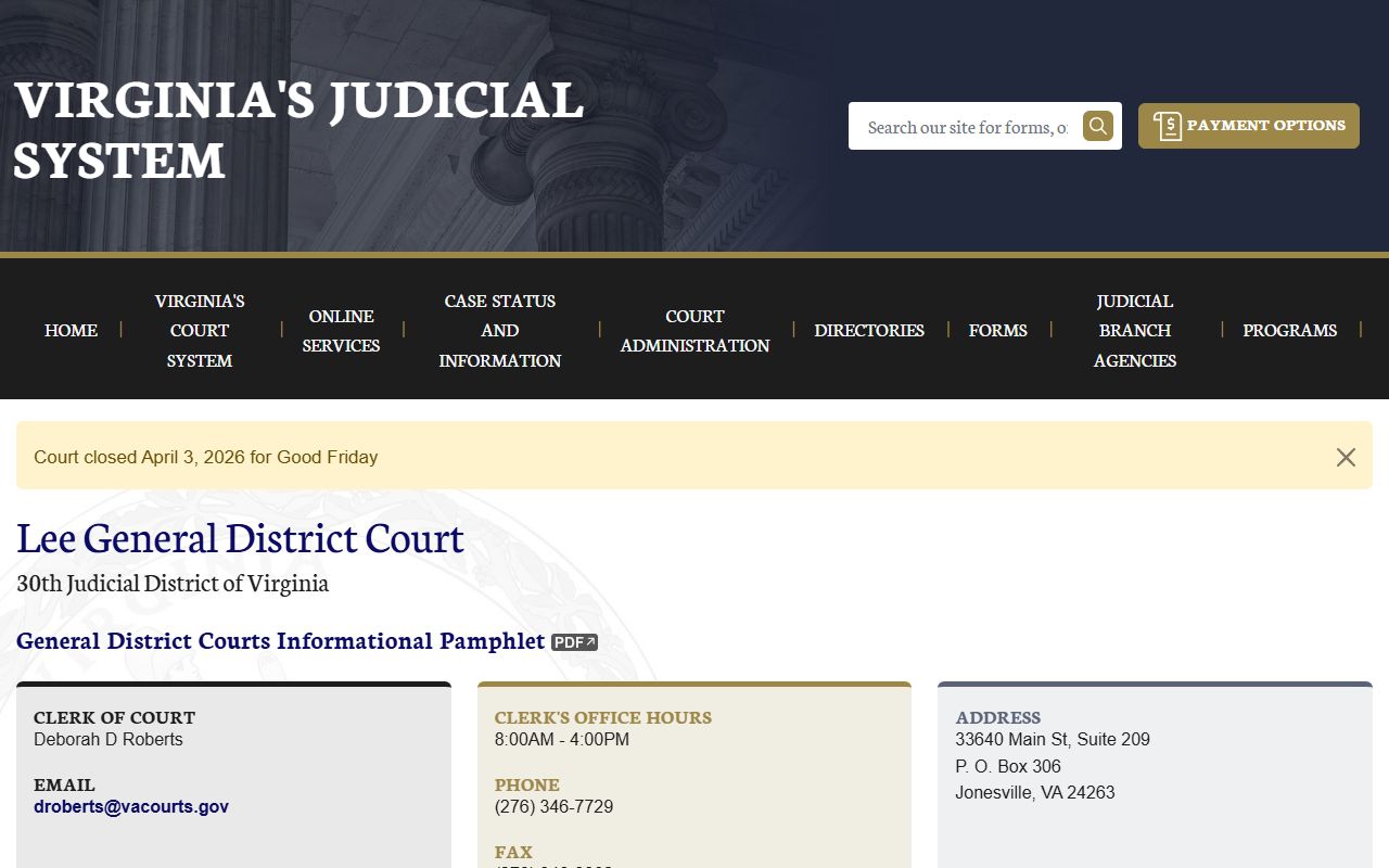 Lee County General District Court clerk page for court docket records search