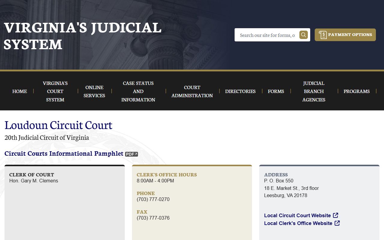 Loudoun County Circuit Court page on vacourts.gov showing docket search links