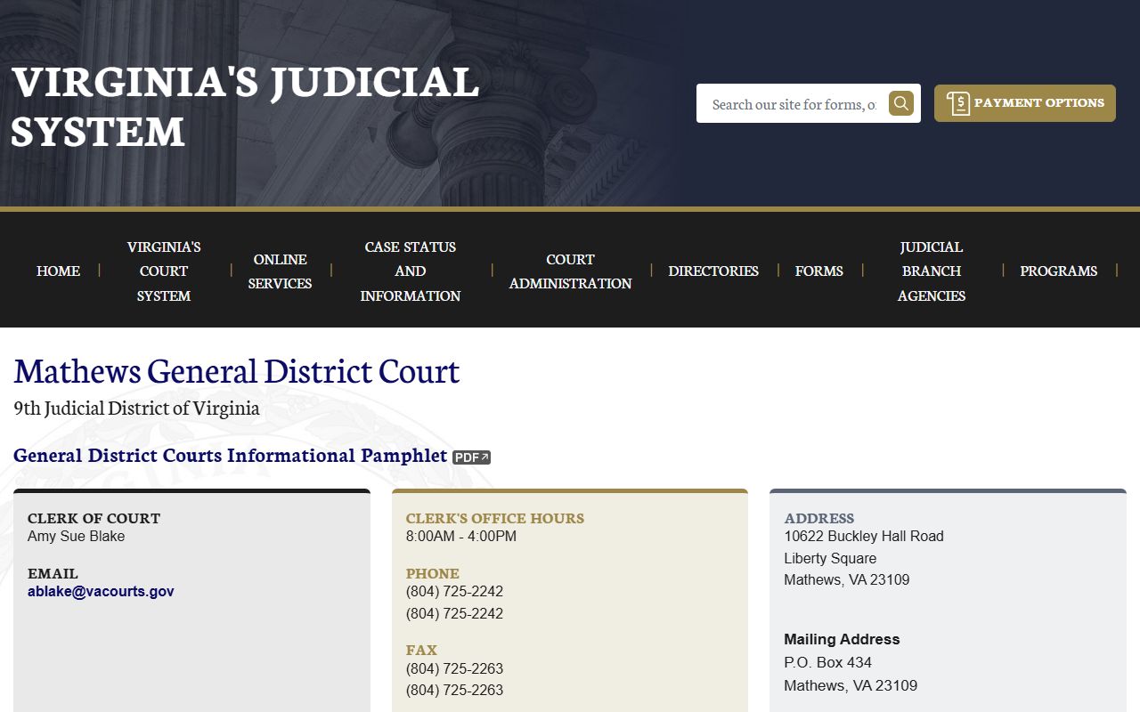 Mathews County General District Court page with court docket search information
