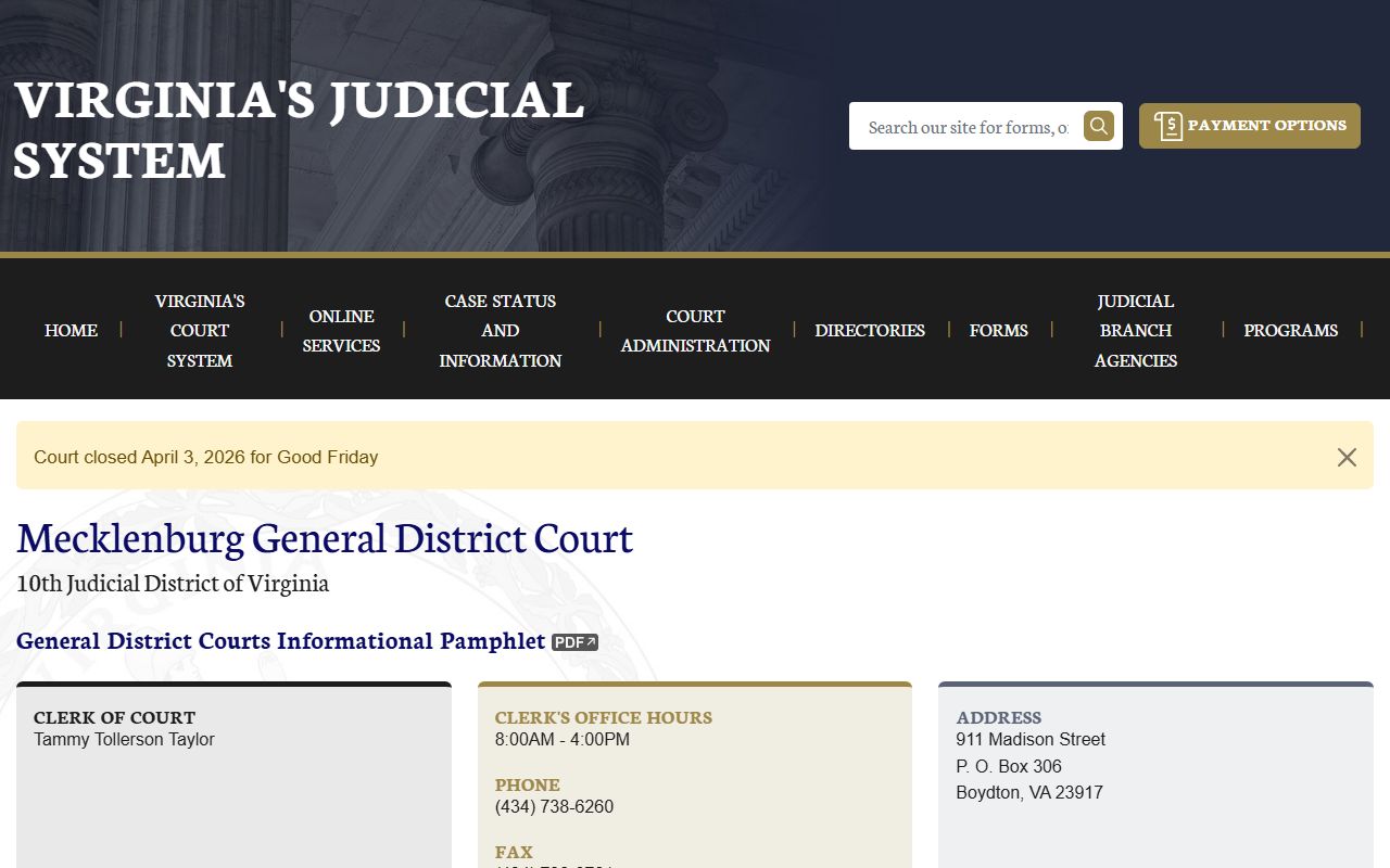 Mecklenburg County General District Court on vacourts.gov showing docket search options