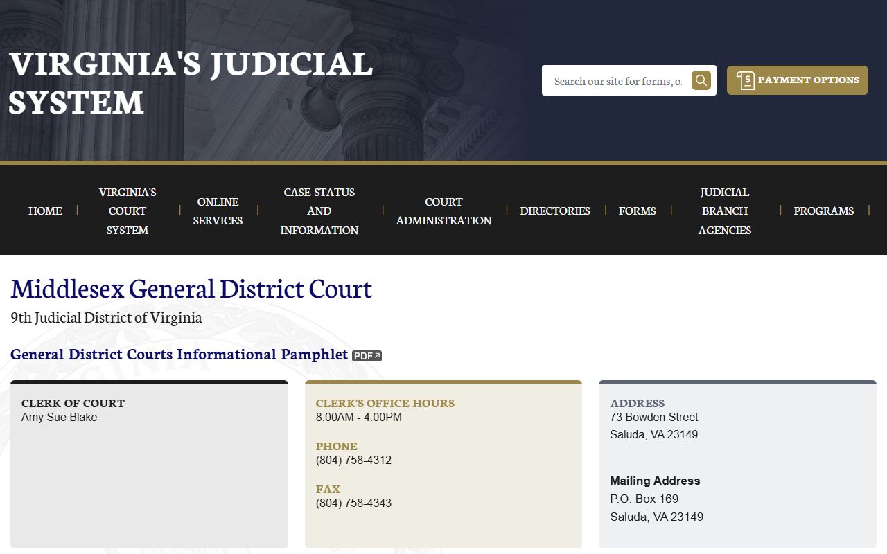 Middlesex County General District Court on vacourts.gov showing court docket access options