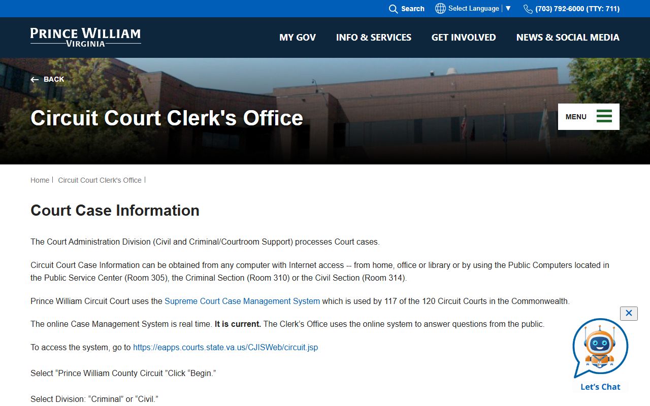 Prince William County court case information search portal
