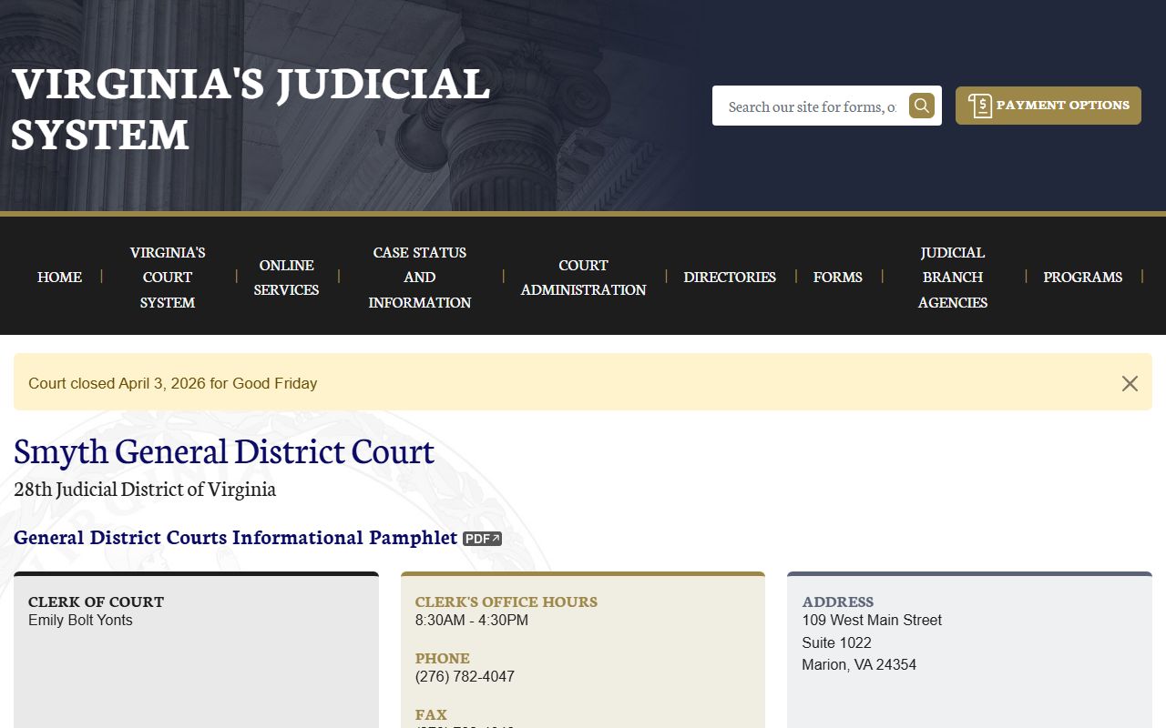 Smyth General District Court docket records page on vacourts.gov