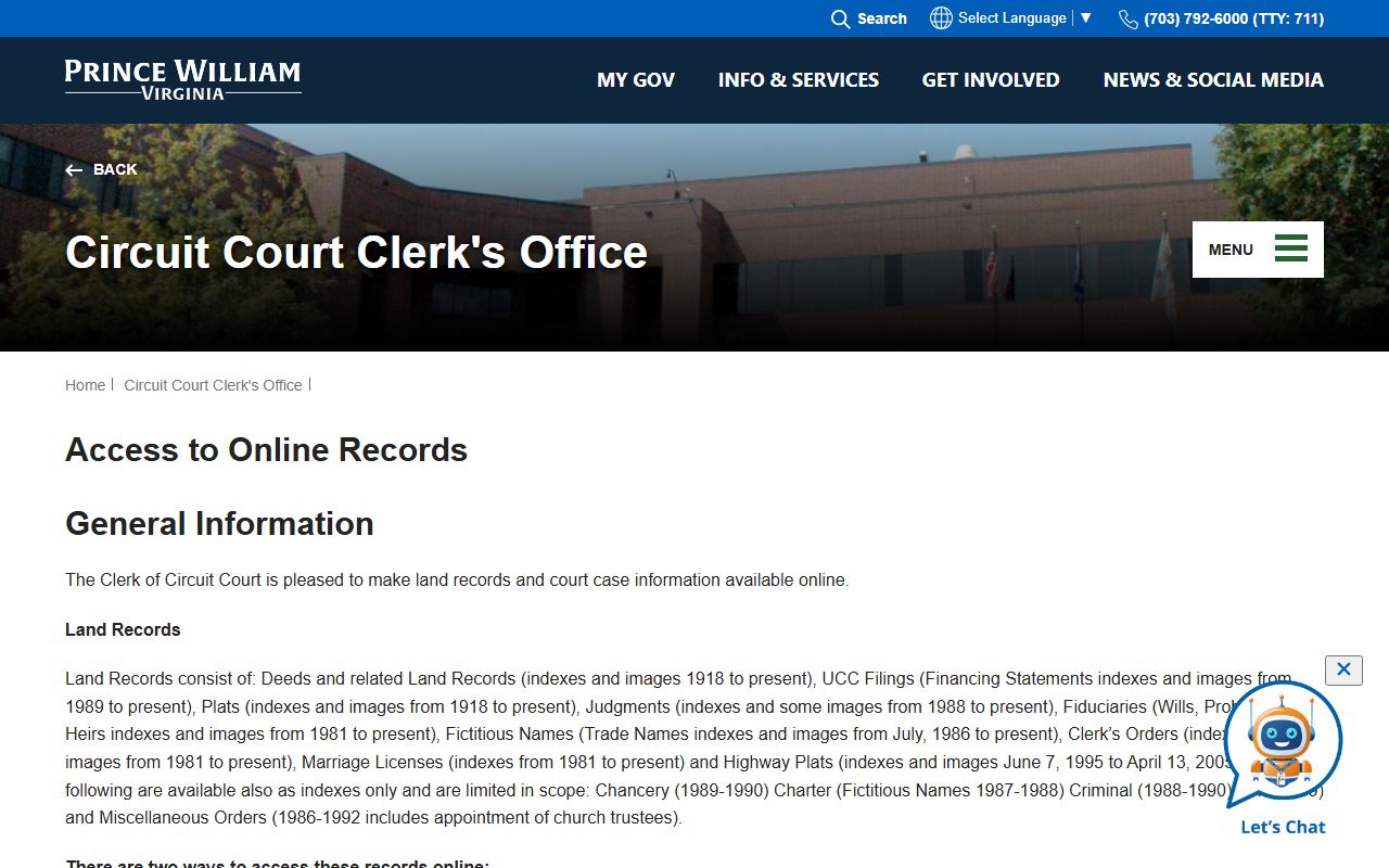 Prince William County online records access tools for court dockets