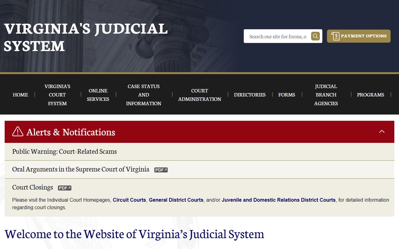 Virginia Judicial System main portal for court docket searches