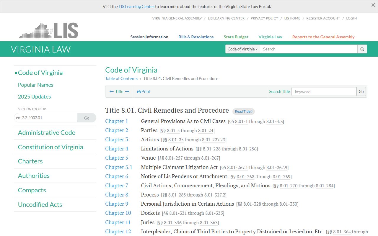 Virginia Code Title 8.01 civil remedies and court docket procedures