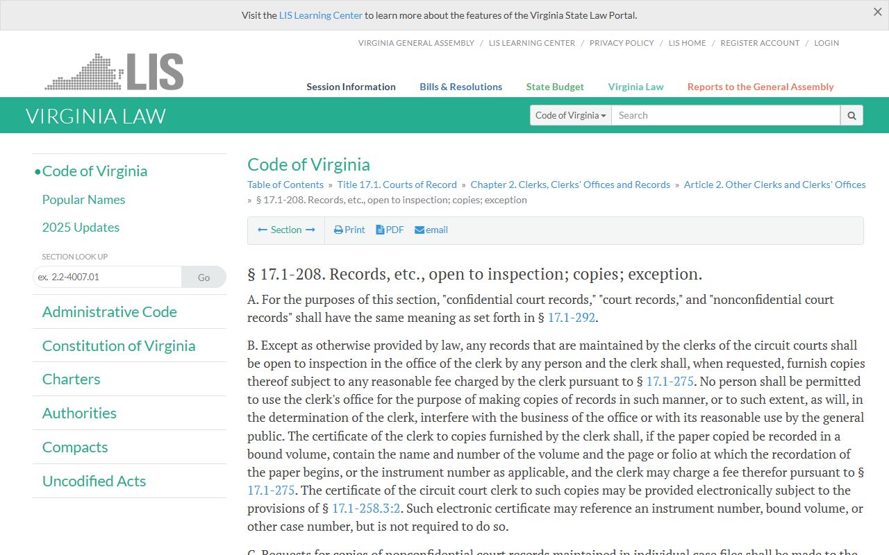 Virginia Code section 17.1-208 court records open to inspection