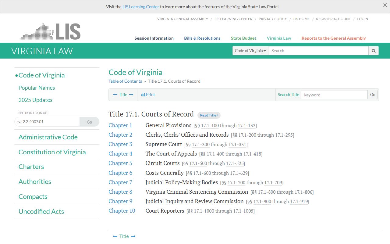 Virginia Code Title 17.1 courts of record and court docket statutes